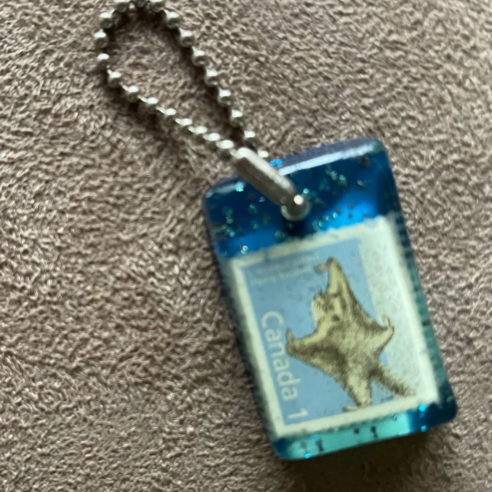 Vintage 1988 Canada Flying Squirrel Stamp Resin Keychain Blue Glitter Souvenir